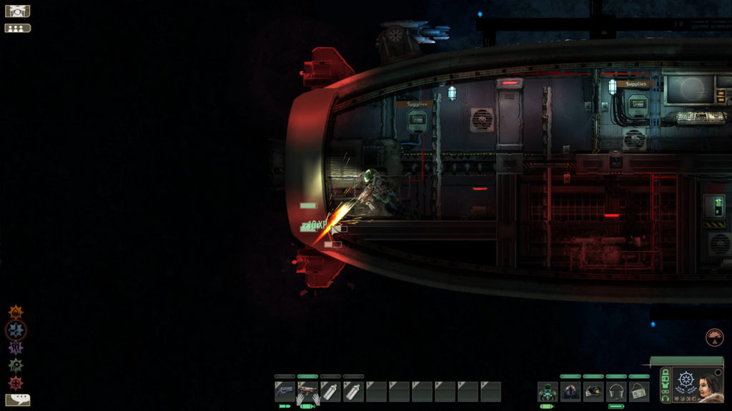 Here a player is repairing a wall in Barotrauma with a welding machine. The game has different tasks and jobs.