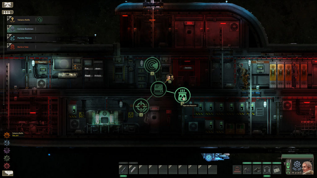 We look at many machine rooms, which are illuminated in red and turquoise, but often very dark. on the right are two players.