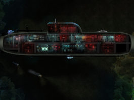 In Barotrauma, you'll control a submarine alone or in a team. Here we see a wide-angle shot of the boat from the side.