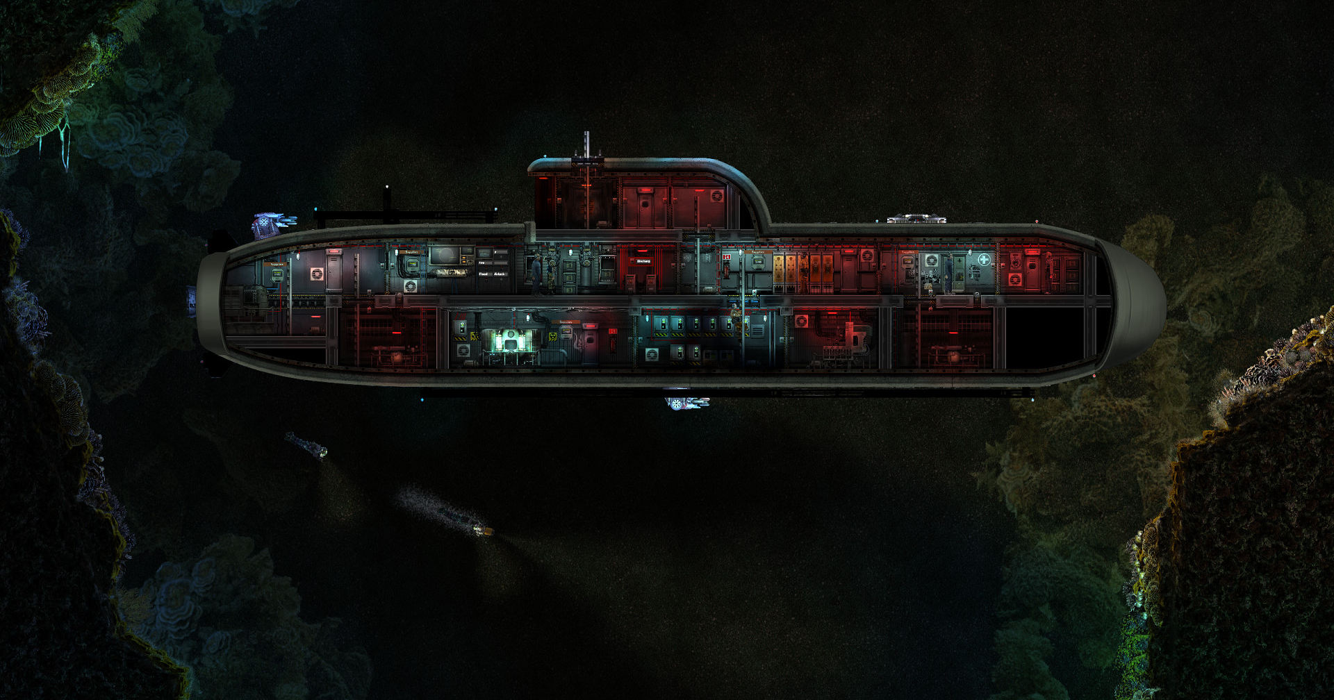 In Barotrauma, you'll control a submarine alone or in a team. Here we see a wide-angle shot of the boat from the side.