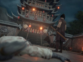 The protagonist of Bloody Spell stands in front of a Chinese temple at night. The game offers martial gameplay and many mods.