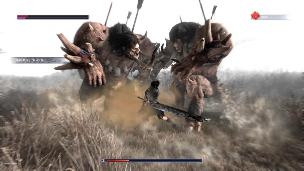 The player fights on a dusty meadow with a huge sword against two big demons. The gameplay of Bloody Spell is very fast-paced.