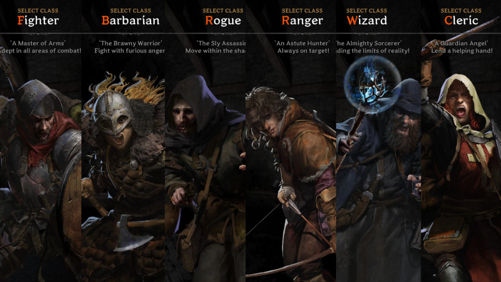 Here we see a collage in which the classes of Dark and Darker are arranged horizontally next to each other. Each class is pictured here with artwork and illustrated above with its title and a brief description. On the left, we see the Fighter class with iron armor, helmet, sword, and shield. Next to it is the Barbarian in Viking-like war armor, with long blond hair, and two axes in his hands. To the right we see the Rogue in a more cautious stance with a green robe, hood overturned and daggers in his hands. Next to him is the Ranger in a brown leather outfit and cocked bow, then the Wizard in a smart robe, blue wizard hat, and blue glowing wand. Lastly, we see the Cleric on the far right in white and red cloth garb and a drawn sword. How to use the Classen correctly and when to use them, you will learn in this guide with helpful tips.