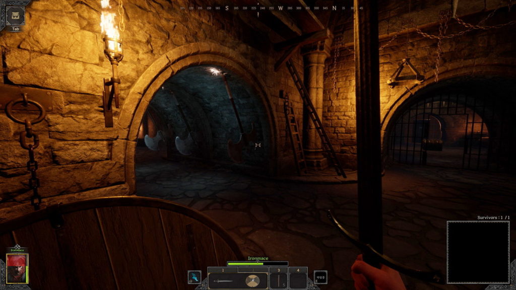The player can be seen here again in a basement dungeon with a sword and a round-holding shield. He is currently in the middle of a room. Torches blaze on the walls and iron chains hang down. In the back center of the picture, two wooden ladders leaning against a stone wall. On both the left and right of the image, two corridors with vaulted ceilings are shown, leading to more dungeon-like rooms. On the right of the picture, at the end of a straight corridor, we see one of these other rooms. There, again, is a chest in the center.