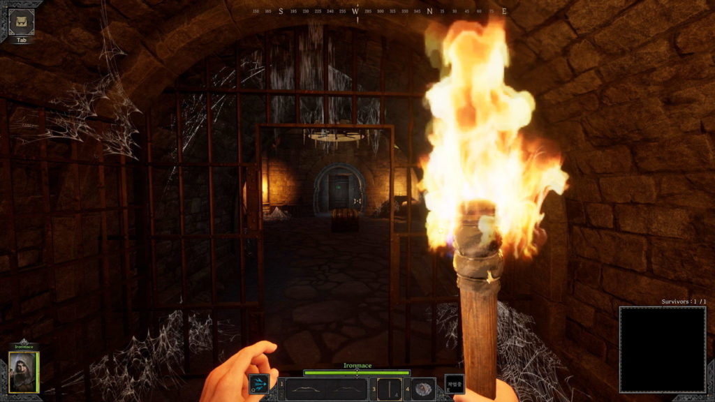It is recommended to internalize some Dark and Darker tips in advance, including the correct use of the torch, as illustrated in this screenshot: The player holds a large burning torch in his right hand. This torch can be seen in the foreground of the right image and illuminates the stone vault in which the player is currently standing. On the walls in the foreground and on the ceiling we see spider webs. The floor is made of rough stone. Directly in front of it, we see a kind of open cell door with metallic bars. Behind it stretches a large dungeon-like room, at the end of which two torches shine on the wall to the left and right, and another door can be seen in the middle. In the middle of the room, there is again a chest.
