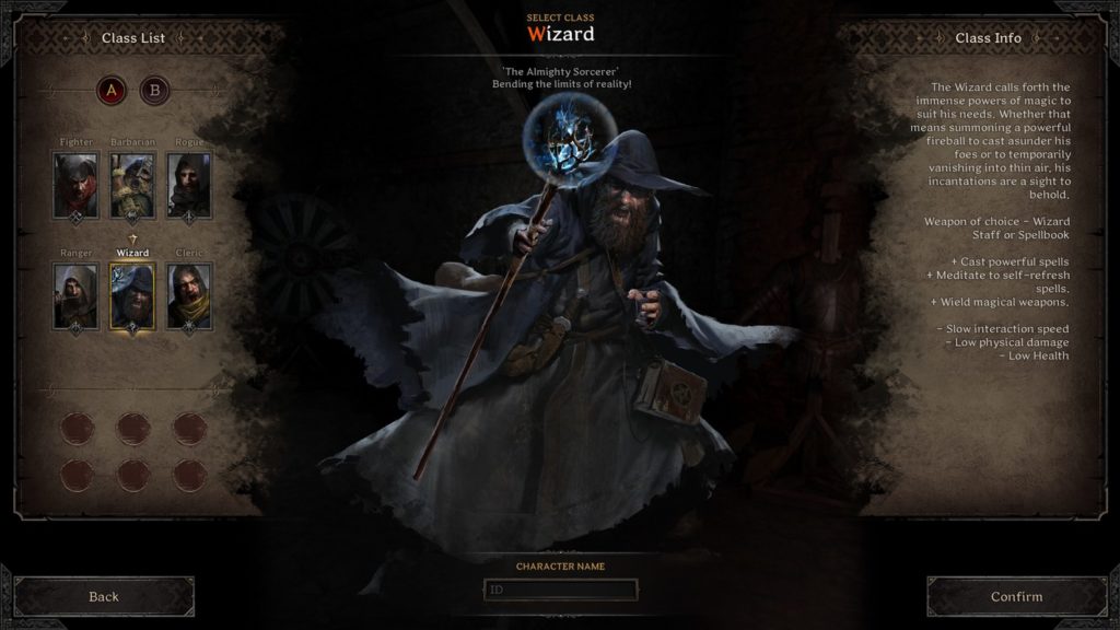 This image shows the character selection menu of Dark and Darker. The style is very old-fashioned, and with the backgrounds of the user interface it reminds us of yellowed scrolls. On the left side you can see the class list, with the six classes, Fighter, Barbarian, Rogue, Ranger, Cleric and the selected Wizard. These are provided with small preview avatar images that seem hand-drawn and are in a fantasy style. In the center of the image is the hand-drawn Wizard in large against a dark background. He wears blue robes including a hat. His movement is directed forward to the viewer, and the staff with a glowing blue ball at its tip also points at us. He seems to be casting a spell on us, and at the same time his face is very strained and he seems to be shouting. On the right side is the class info with the details about the class. At the bottom there is a field where the character can be named.