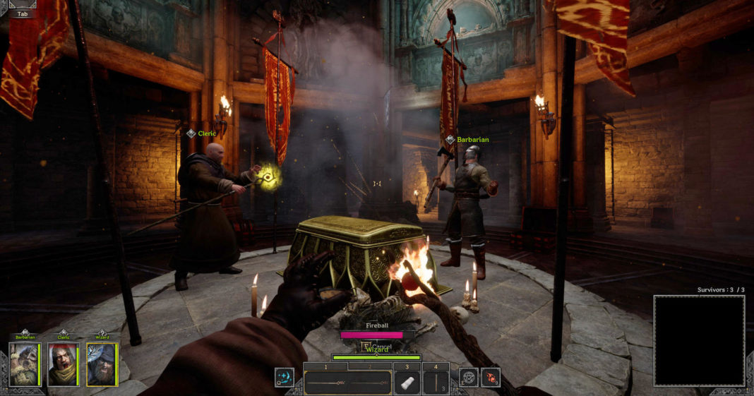 In this screenshot, the player is in first-person perspective in a dark square basement room. He is standing in front of a round stone pedestal with a golden chest in the center. To the left and right of the chest are two other players on the team. The left player is a Cleric with a brown robe and a kind of long scepter, the upper end of which glows golden. The right player is a Barbarian in brown leather armor, a full iron helmet, and a large axe in his right hand. The player in first-person perspective just extends his left hand and we see that he is wearing brown cloth clothing and black gloves, which we can see at the bottom of the image. In his right hand, he holds a wooden wand with a burning ball on the end facing forward. There are burning candles around the chest. The room goes up very steeply and consists of stone facades and turquoise textures. Red banners hang down from the walls at regular intervals. Get to know the game better with helpful Dark and Darker tips and choose the classes that suit you best. A release date is not yet known.