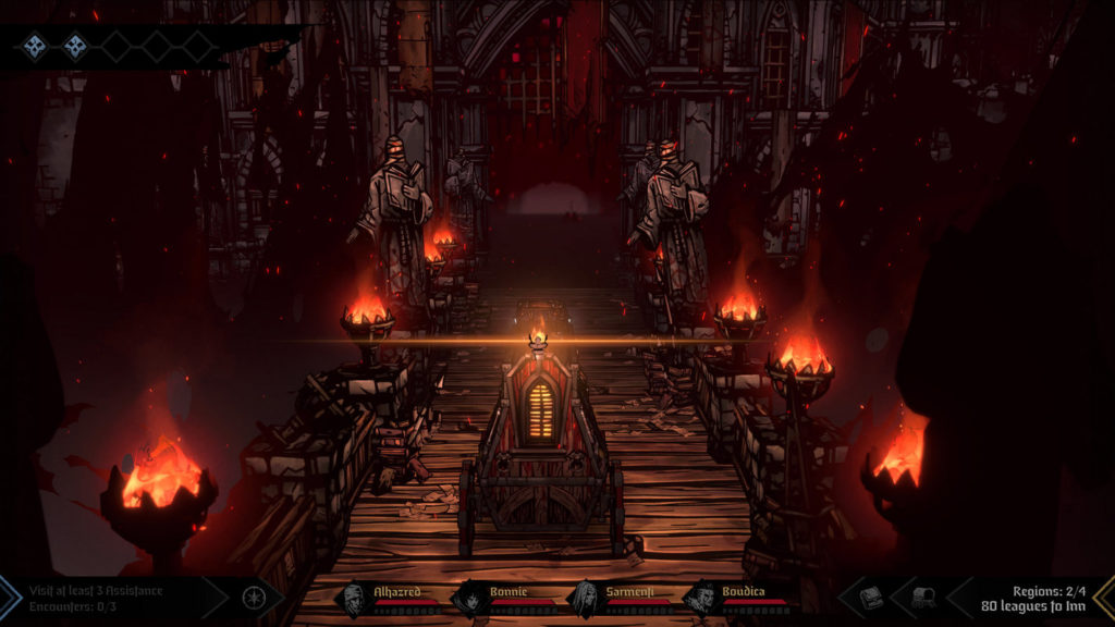 A carriage sequence on a bridge from Darkest Dungeon 2 is depicted here. Several torches give the scene a diabolical atmosphere.