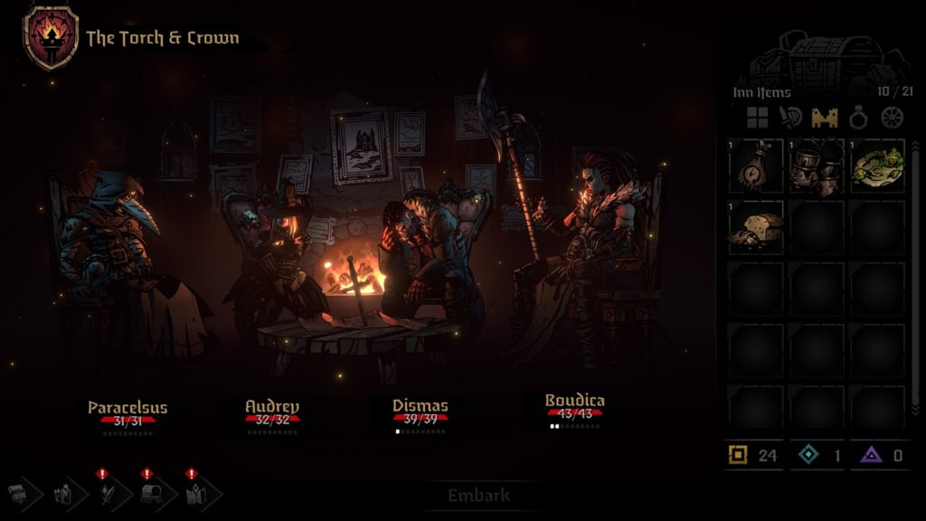 A team of four different heroes is shown here in a dark menu. The characters stand next to each other including names, values, and items.