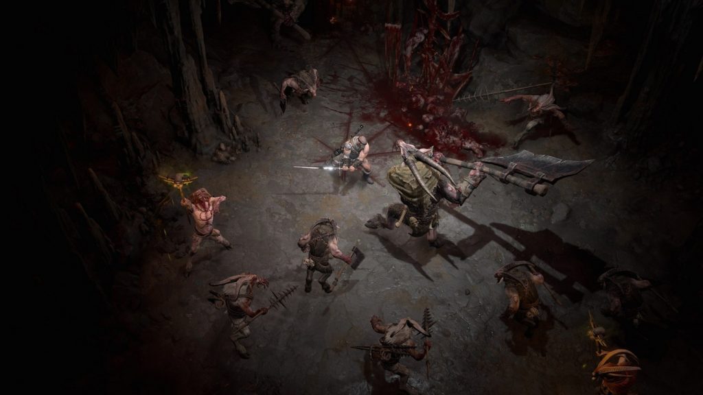 Here we see the player surrounded by monsters in a dark dungeon, of which there are numerous different ones in Diablo 4 Sanctuary.