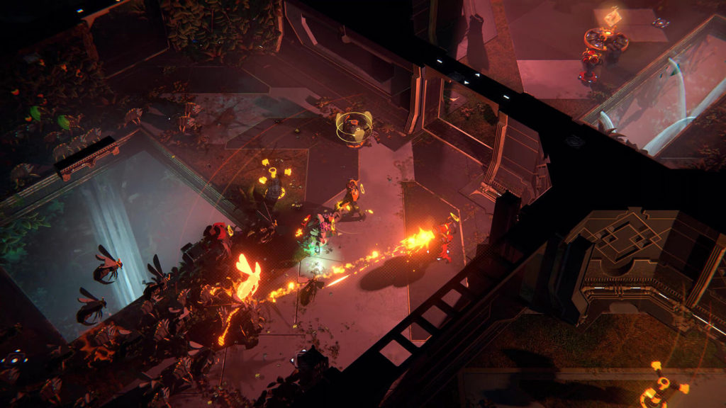 Here, players are currently shooting many insects flying toward them in a spaceship area.