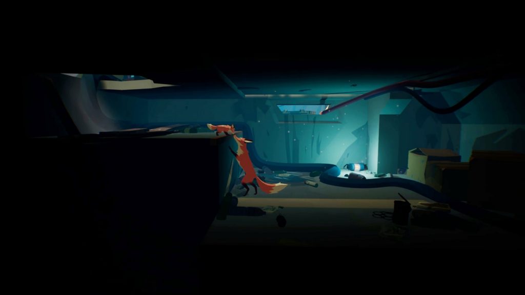 Again a screenshot in 2.5 D sidescrolling perspective can be seen. While the previous screenshots were blue and played outside, this time we are in a corridor and the color is more turquoise. We catch a glimpse of the mother fox in the wide shot in the center of the image. She is leaning on her hind legs and is trying to help one of her young foxes down from a high platform. The walkway seems very narrow and is not too high, which creates an oppressive feeling. All around the scene, the image sinks into absolute darkness, which reinforces the uneasy feeling.
