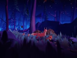 In this screenshot from Endling, we see the mother fox together with three other young foxes in the long shot in the center of the picture. They are walking along a forest path from left to right in front. The scene takes place at night and we glimpse the blue clear night sky with stars above. At several points in the picture, tall tree trunks rise into the sky. The game has a very beautiful and at the same time graphically reduced style. In the foreground, we see black silhouettes of individual leaves. The title can now be played on mobile devices like iOS and Android.