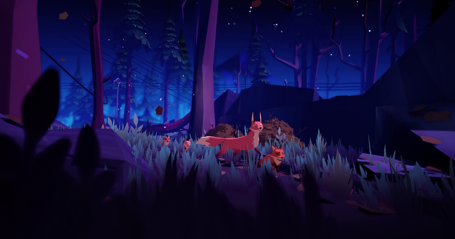 In this screenshot from Endling, we see the mother fox together with three other young foxes in the long shot in the center of the picture. They are walking along a forest path from left to right in front. The scene takes place at night and we glimpse the blue clear night sky with stars above. At several points in the picture, tall tree trunks rise into the sky. The game has a very beautiful and at the same time graphically reduced style. In the foreground, we see black silhouettes of individual leaves. The title can now be played on mobile devices like iOS and Android.