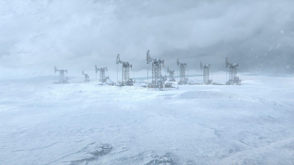 We are looking at several oil extraction plants towering into the sky, which are located in the center of the image in an icy snowy landscape in this screenshot. They can be seen in the background of the image in the snowstorm. The lower half of the image shows the broader snowy landscape, which extends far into the background of the image. Above the crane-like buildings, we glimpse a light gray heavily clouded sky. Frostpoint 2 is supposed to be released soon, but besides a cinematic trailer the developers haven't given any gameplay insights yet and a release date is also still pending.