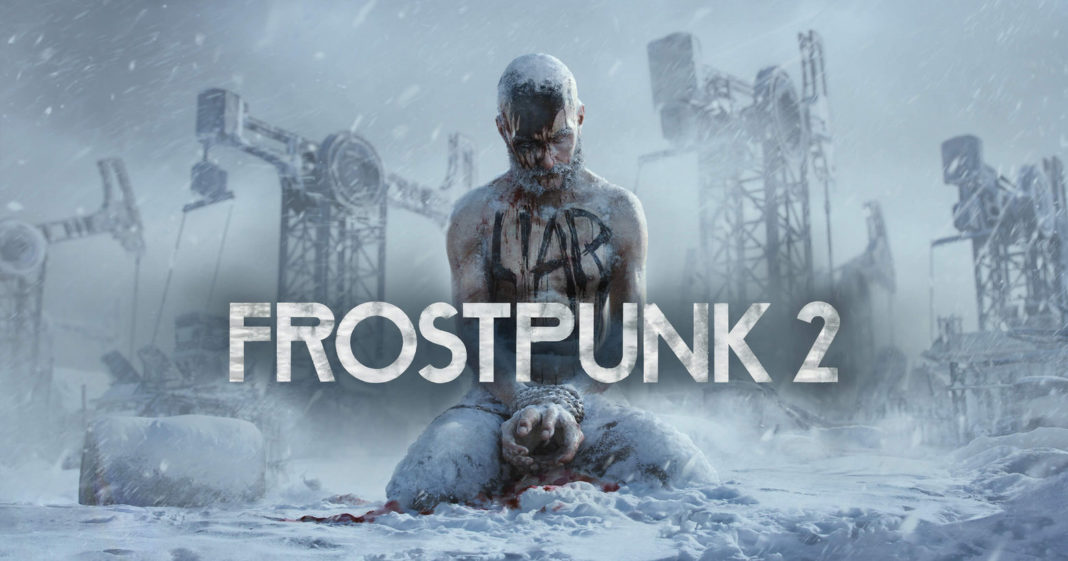 This screenshot from Frost Point 2 already gives us a good impression of the game's setting: A man kneels in front of an oil industry plant in the icy snow with his hands tied and his body exposed. We see him in a long shot in the center of the screen. His gaze is looking down. On his chest, the word 