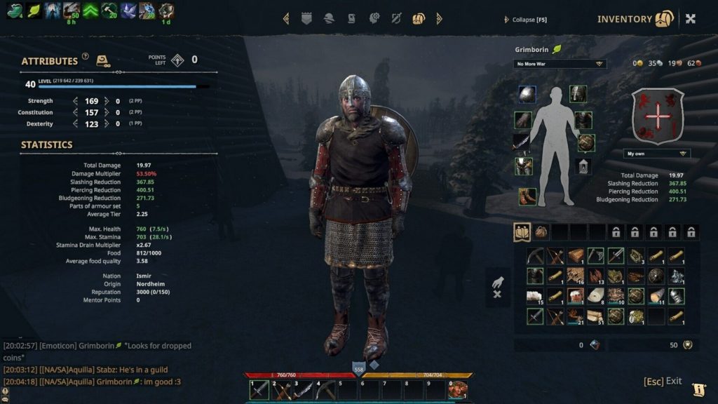 In this screenshot, you can see the values menu of a player. In the middle, you can see a knight in a long shot. He wears leather shoes, a chain mail shirt, and over it brown cloth clothing. Around his arms, he wears red iron protectors and he has large iron shoulder pieces. On his head, he wears a conventional iron helmet with a nose guard. He looks at us. Below him, in a horizontal arrangement, we can see his weapons inventory, which he can call up in a battle with the short keys. On the right side, we see his entire inventory, which already contains numerous different items. Above that, we can see a gray silhouette of the player and many selected armor items around it, which he is currently wearing. On the left side, we see the attribute values like Strength and Constitution, and below that statistic values like Total Damage or Max Health. In Gloria Victis you can create your very own individual character.