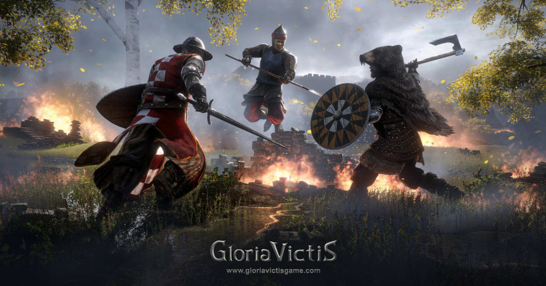 This cover shows three knights running towards each other from different directions in the center of the image, wearing different armor and weapons. The knight on the left wears metal armor with a red and white cloth garment over it, as well as a hat-like iron helmet. He holds a sword and shields in his hands. In the background is a knight wearing a pointed ice helmet, chain mail, and spear, about to leap into the air. On the right is a knight reminiscent of a Viking with bear fur, a shield, and an axe. The knights are on burning grassy ground. In the background, we can make out castle battlements in the mist and above them the cloudy, dark sky. At the bottom center of the image, we can see the title of the game 