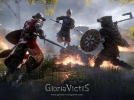 This cover shows three knights running towards each other from different directions in the center of the image, wearing different armor and weapons. The knight on the left wears metal armor with a red and white cloth garment over it, as well as a hat-like iron helmet. He holds a sword and shields in his hands. In the background is a knight wearing a pointed ice helmet, chain mail, and spear, about to leap into the air. On the right is a knight reminiscent of a Viking with bear fur, a shield, and an axe. The knights are on burning grassy ground. In the background, we can make out castle battlements in the mist and above them the cloudy, dark sky. At the bottom center of the image, we can see the title of the game "Gloria Victis" in gray letters, and below it the website of the game.