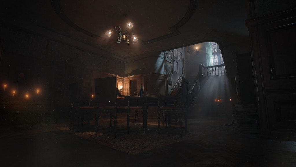 Layers of Fear is set in a Victorian mansion, which is very noble and woodenly furnished. Here we see a living room with a table.
