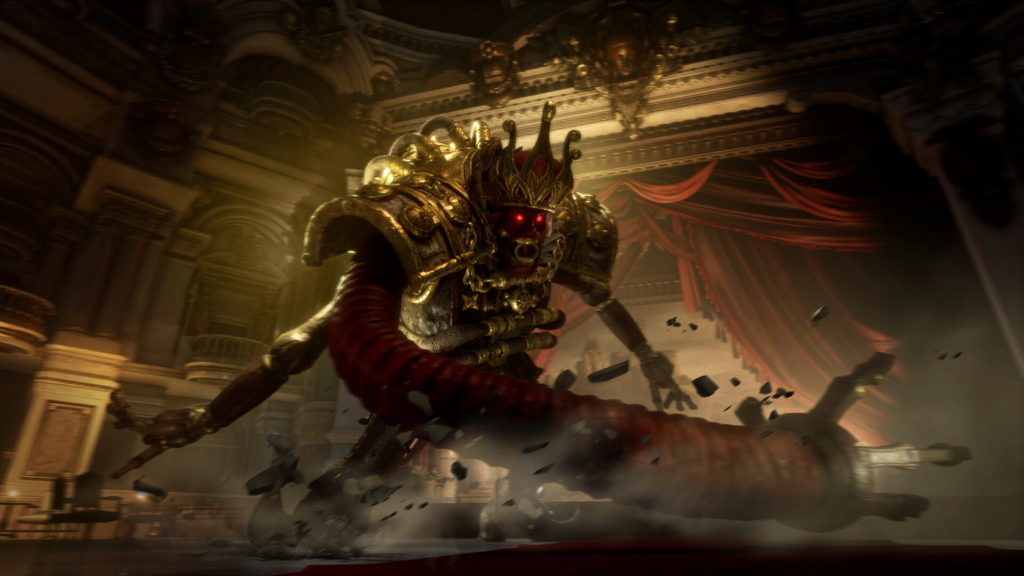 A huge boss-like creature in Lies of P with a golden crown and red eyes smashes the floor of a magnificent concert hall.