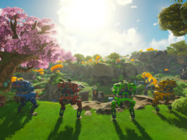 In this screenshot from Lightyear Frontier, we see four mechs of different colors standing side by side in a slight arc on a grassy field plateau and looking together toward the sun, which we see in the background at the top center of the image. The robots are shown in the foreground in a long shot in the lower half of the image. They are in a beautiful very green hilly landscape, covered with numerous green grasses, bushes, and trees. In the left foreground, next to the mechs, there is a large tree with pink leaves. In the background, we can see numerous yellow-leaved trees. The sun casts a very atmospheric and idyllic light on the robots and the blue cloudy sky underlines this relaxed scenario.