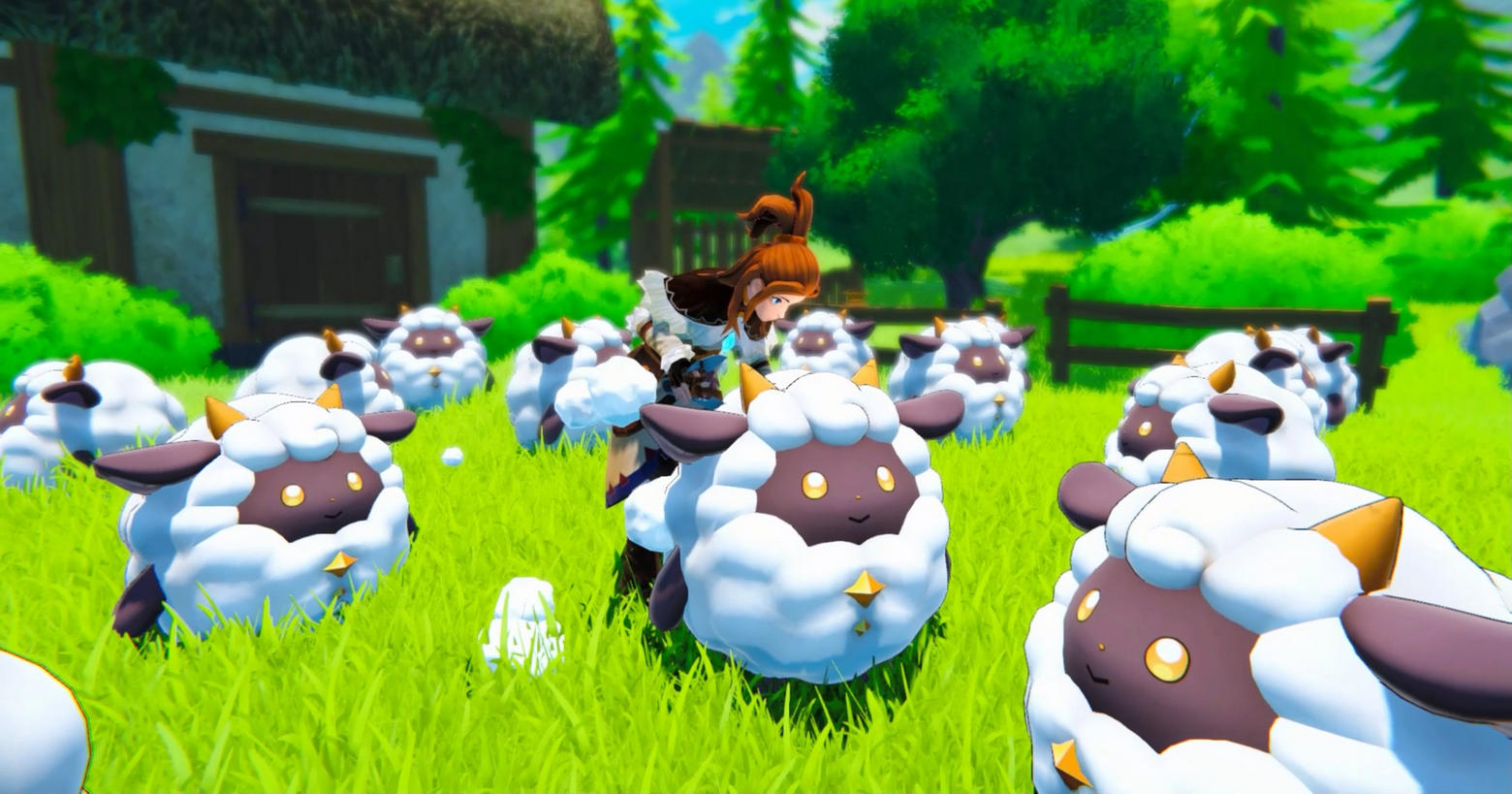 In this screenshot from Palworld, we are standing on a lush green grassy field in broad daylight. Numerous spherical very cute-looking sheep with yellow beady eyes and smiling faces are standing in the field around us. The field extends into the background of the image, becoming increasingly blurred. The focus is on a female character with a brown pigtail and brown and white clothing. The player is shown in a long shot in the center of the image. He is bending down to a sheep in order to gain wool. Around the field, we glimpse a forest landscape with lush green leaves as well. In the upper left of the image in the background, a half-timbered house with a brown roof and white exterior is shown in the blur. A release date has yet to be announced, but a trailer already shows a lot of gameplay.