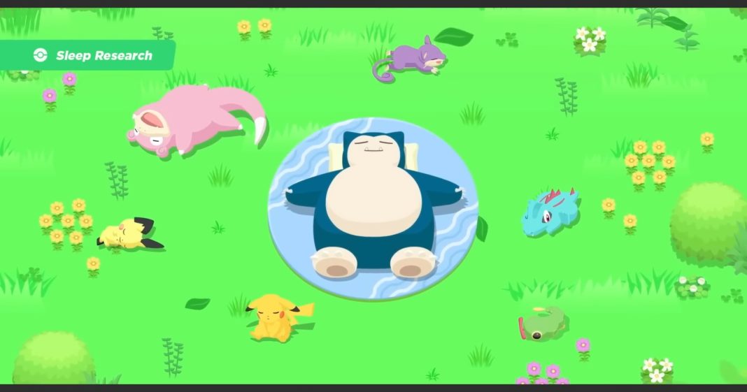 In this screenshot from Pokémon Sleep, we see Snorlax sleeping in a meadow with other cute monsters.