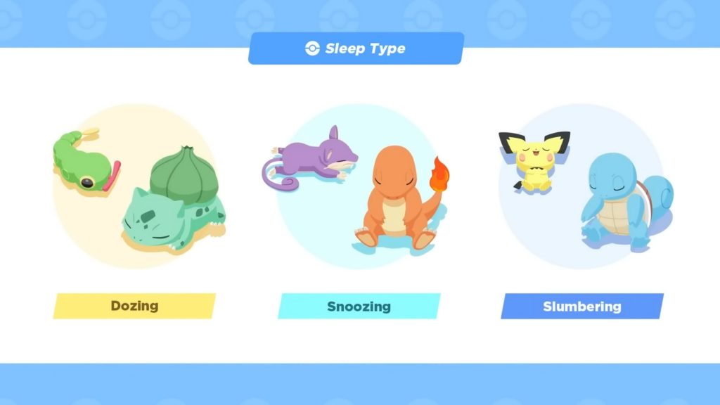 The app distinguishes between three types of sleep. Here we see somePokémon side by side, illustrating the different states.