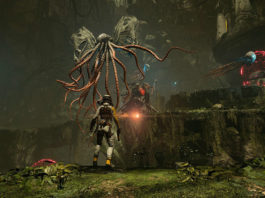 The main character from Returnal faces giant floating octopus-like creatures in a cave. The game is also available for PC as of today.