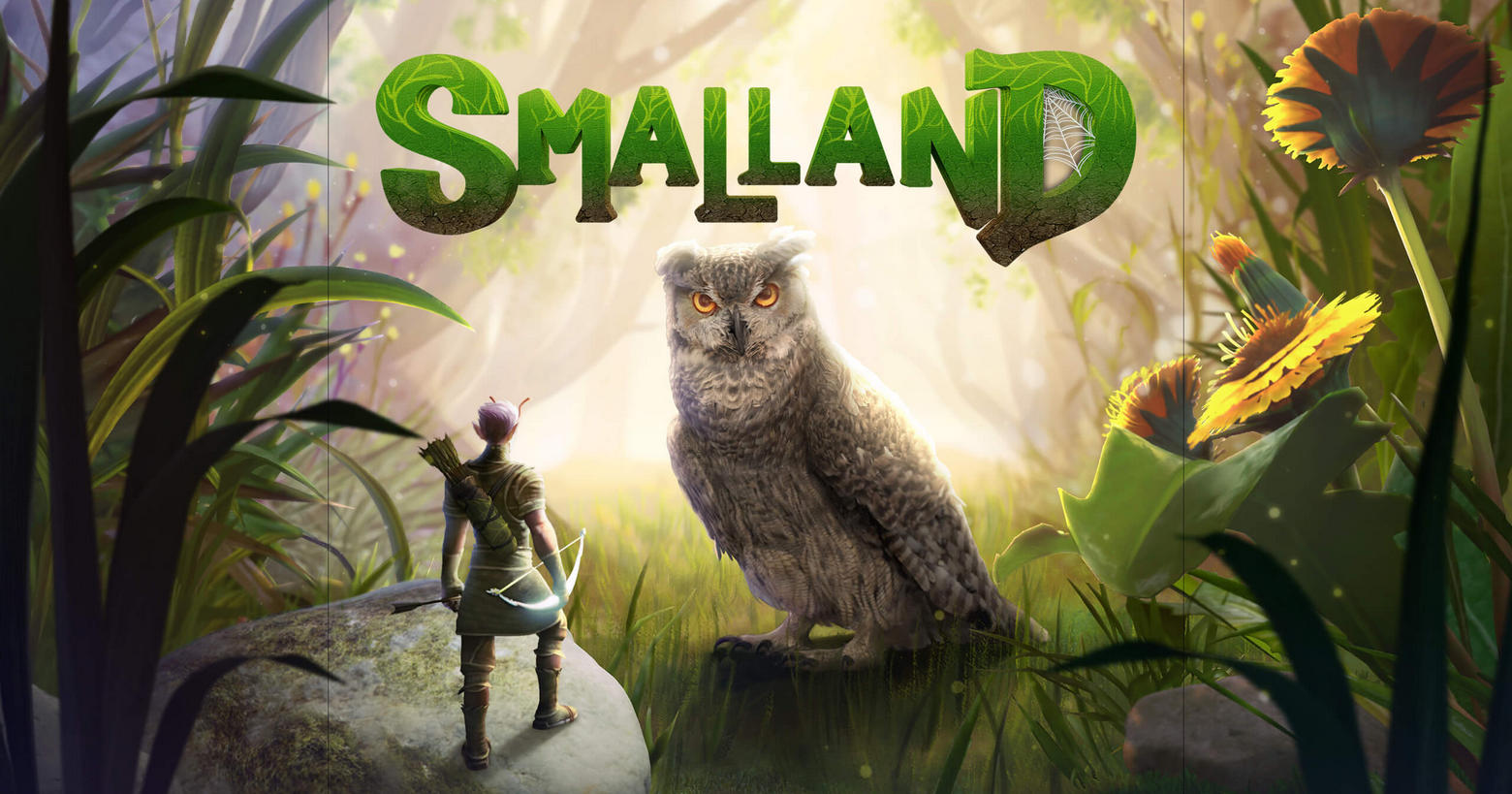 In this screenshot from Smalland we see an Owl with a serious gaze in the wide shot in the center of the image. It stands on a clearing brightly lit by daylight and looks directly at us. The sunlight comes directly from the background so that the owl stands out impressively in the picture. Above it, the title of the game "Smallland" can be read in large green letters, with the letters resembling leaves in their design. On the left and right we see numerous towering types of grass and on the right side, several yellow flowers are depicted. In the foreground on the left side, we can see a stone with a mini-character with pink hair, green cloth clothing, and brown tall pencils in a long shot. With his long ears sticking up, he reminds you of an elf creature. In your right hand, he holds a bow. The survival open-world game now has a release date.