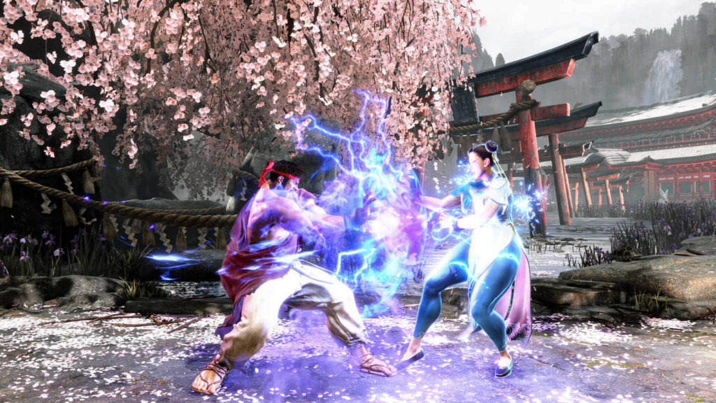 Here we see an intense fight between Chun Li and Ryu in Street Fighter 6. Both are standing close to each other and many blue flashes can be seen.