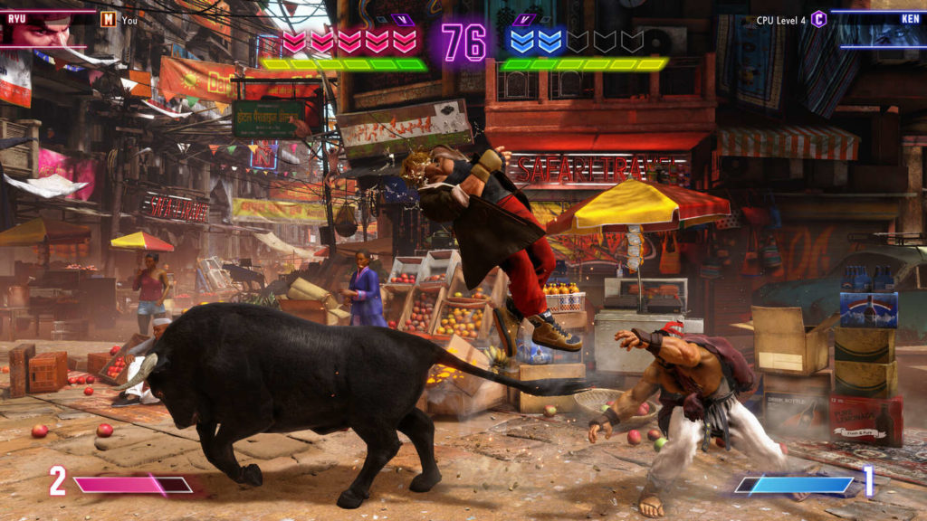 Ryu and Ken are fighting with each other on an Asian-looking street. A black bull has just thrown Ken into the air.