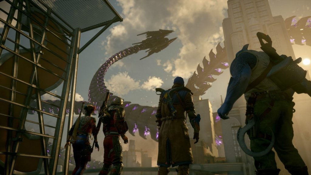 The four main characters stand on a skyscraper roof and look up at a giant robot-like snake that glows purple.