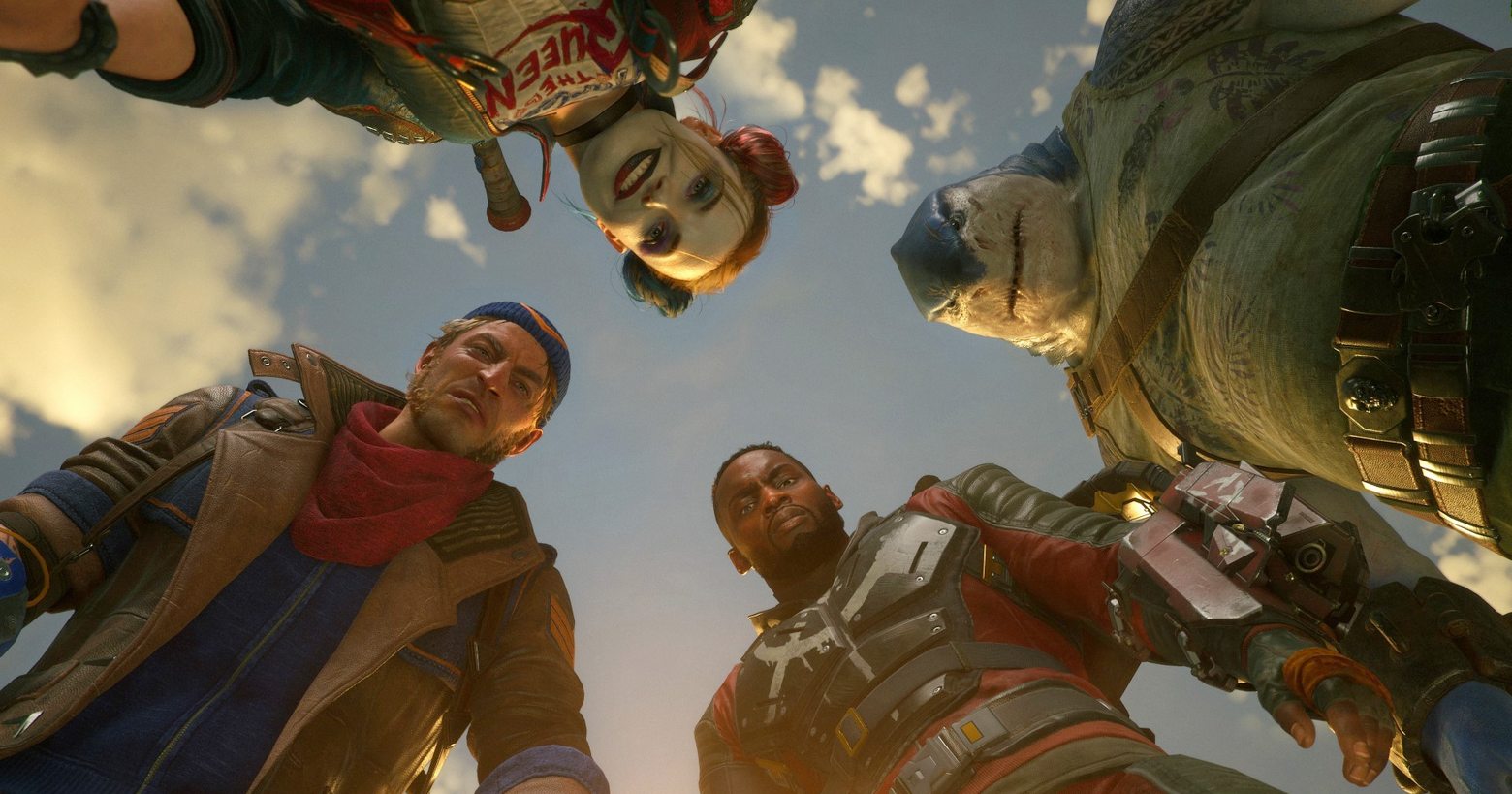 In Suicide Squad Kill The Justice League, you can play the villains. Here, four of them look at the camera from above. Look forward to the release date.