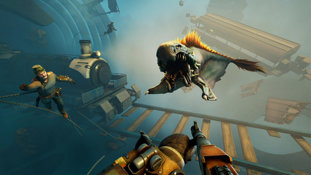 The player is currently being attacked frontally by a shark-like hideous creature. Voidtrain may also be released as a co-op game for the Xbox.