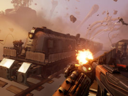 The player stands on a train shooting at the opponent of another train in first-person. The world in Voidtrain is an alien dimension.