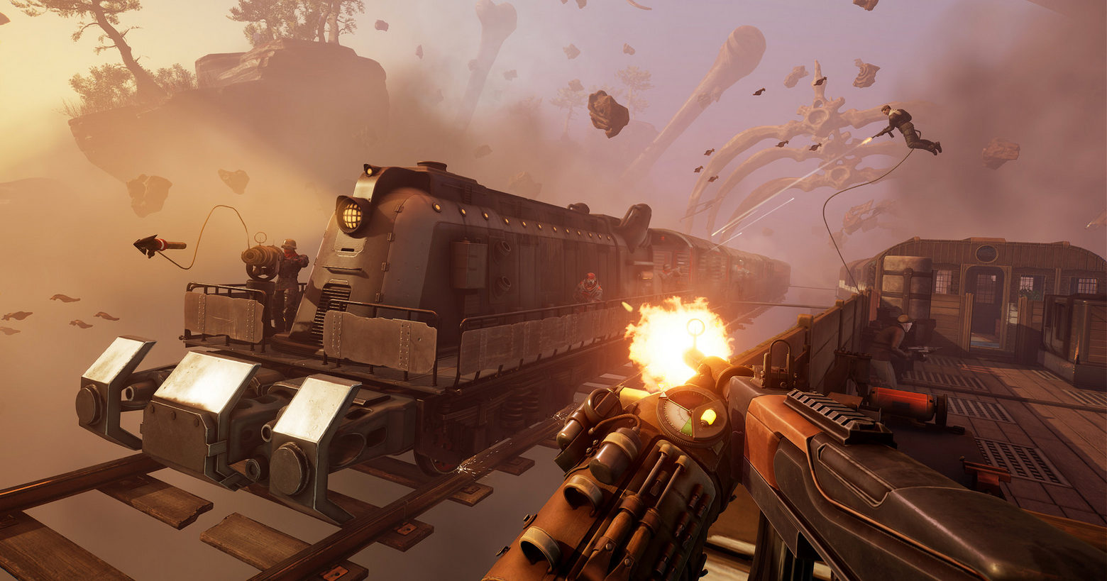 The player stands on a train shooting at the opponent of another train in first-person. The world in Voidtrain is an alien dimension.