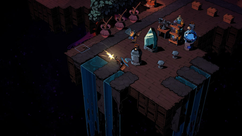 Two wizards stand on a wooden platform in Wizard with a Gun. One player is shooting with his gun.