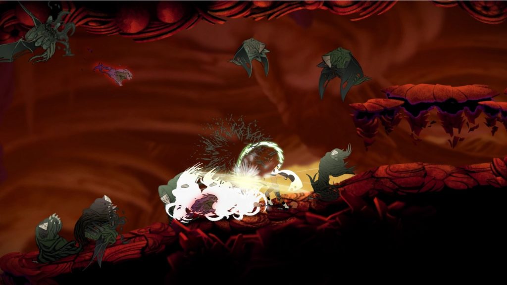 In what is arguably one of the best Metroidvania games for Nintendo Switch, you are involved in intense combat, as illustrated in this screenshot from Sundered: the player is seen in a long shot in the center of the screen. He is in a very reddish environment reminiscent of an underworld. Both the floor the player is on and the ceiling at the top of the image features the same curved red stone structures. The player is performing a very powerful melee attack, causing two enemies directly to his left to completely glow as white areas and thus be destroyed. Yellow rays of light emanate from the player. To the left of the image, as well as to the right of him and above him, there are other enemies that are very similar in appearance and are gray loveless creatures. The two enemies above him have wings and can fly. The lower creatures crawl around and in the upper left corner, you can see a kind of gray spider.