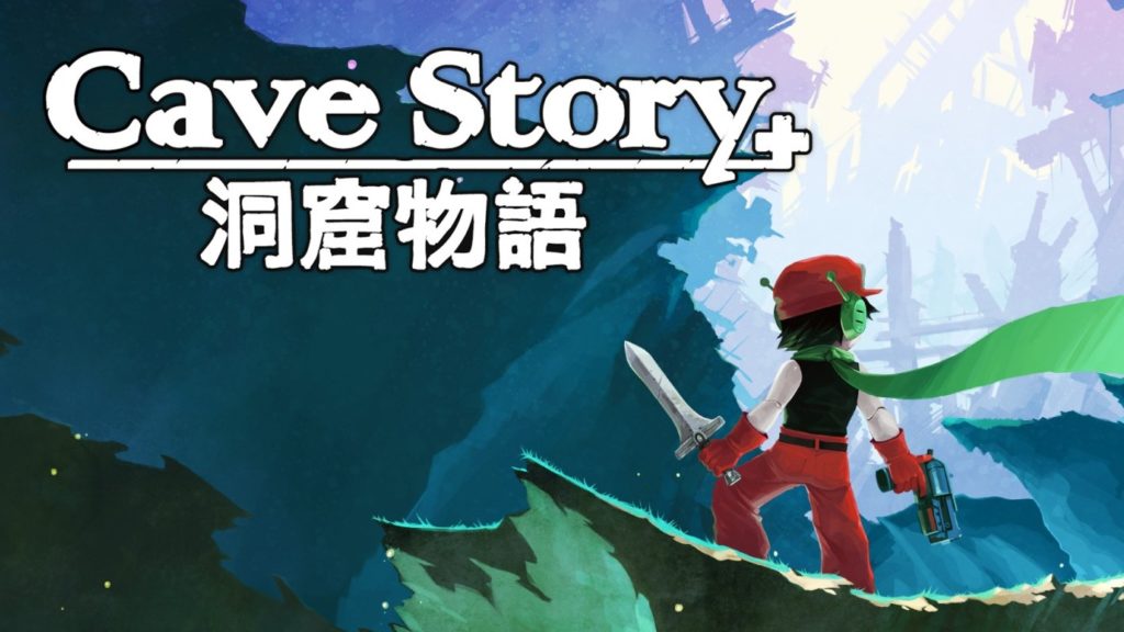 Here we see a cover from Cave Story, an action-adventurer that comes from just one developer. On the cover, we see the protagonist from behind in the bottom right corner in a long shot. He is standing on a rocky outcrop, holding a sword in his left hand and a pistol in his right. His gaze falls to the right. He wears red pants and an equally red cap as well as red gloves. His upper body is covered with a white shirt and a black vest. We look at the scene from the bottom view, which makes the character look even more powerful. In the top left corner, the title of the game "Cave Story" can be read in large white letters, and below it are Japanese characters that translate to "Dokutsu Monogatari". Both the ledge and the field ledges in the background have greenish to turquoise cold colors. In the back on the left, we see even higher-level structures that become more and more transparent and lighter. The player is deep down in a canyon and thus looks out to the surface of the earth.