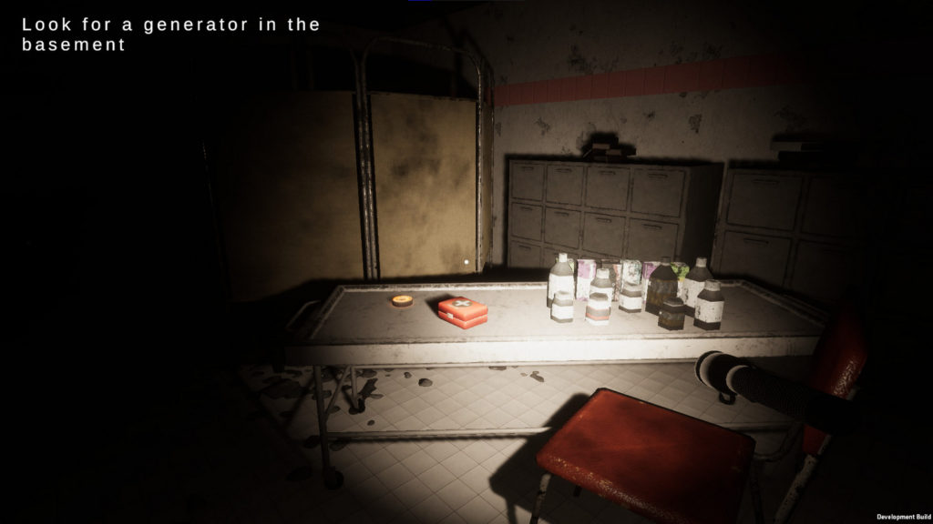 In this screenshot from AfterHours, the player is in a dark room in a hospital. In first-person perspective, we are holding a flashlight in our right hand, which we are using to illuminate a white table in front of us, which is in the middle of the room and can be seen in the center of the image in a long shot. In front of the table at our feet is a chair with a red seat cushion. On the table are several different medicines in various glass bottles. To the left is an orange first aid kit with a cross on it and further to the left an adhesive tape. In the background are dirty walls and several metal cabinets to the right.