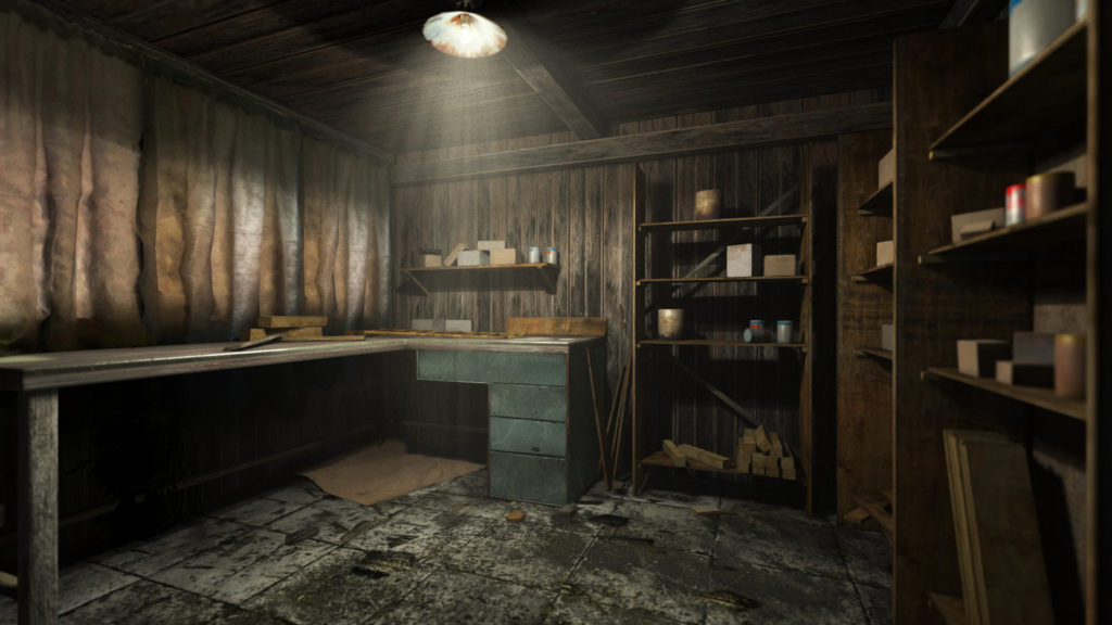 In Blameless you have to puzzle together tools, as illustrated in this screenshot: we are standing in first-person in a kind of tool basement room. The room has wooden walls. On the left is a kind of tool bench, on which various pieces of wood lie in the back of the picture. The table leads from the front left to the back and makes a 90-degree bend to the right. Below it is a turquoise metal cabinet. To the right is a wooden shelf with various pots and underneath again various wooden blocks. The shelf is leaning against the back wall of the room. On the right side is a similar wooden shelf with comparable items inside. The floor consists of a bare, dusty stone floor, which is illuminated by a weak light bulb.