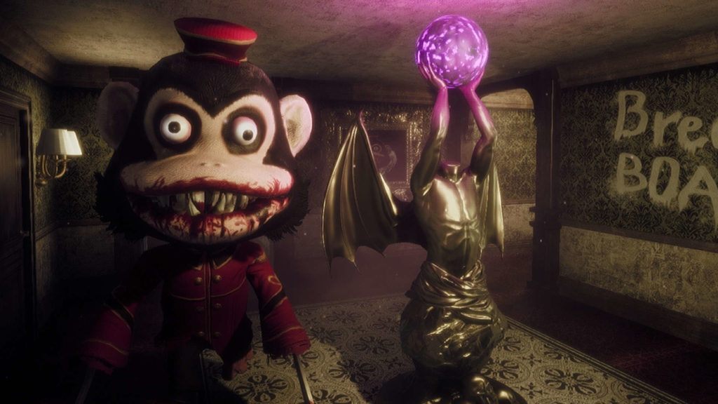 Dark Deception combines the game mechanics of Pac-Man with a creepy setting, as this screenshot illustrates: on the left, in the foreground, we see a monkey in a long shot, wearing a red bellboy uniform. He has a big head with twisted eyes and his wide mouth is smeared with blue and has big black teeth. With a crazy look, he stares at us. To his right is a golden demonic headless stature with devil-like wings holding a purple glowing glass ball in the air. We are in a very ramified hotel building- with dark wooden floors and green-yellow carpets and similar-looking wallpaper on the walls. In the background, a corridor leads to the right. Play free horror games of the extra creepy kind.
