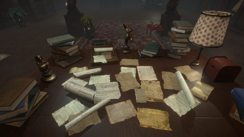 We look in first-person at a brown antique desk, on which various written old paper pages of different colors lie. Some of them are rolled up. At the left, right and back edges of the desk are several stacks of books of different colors. On the right, there is a small brown box in the shape of a chest, and right next to it a table lamp with a white lampshade and red stars as a motif on it. We are on board a ship in a wooden room that is relatively poorly lit. A large red carpet with floral decorations can be seen in the background at the top center of the image. To the left and right of it are two wooden pillars. If you are looking for very atmospheric and addictive free horror games on Steam, we can highly recommend Dagon: by H. P. Lovecraft.