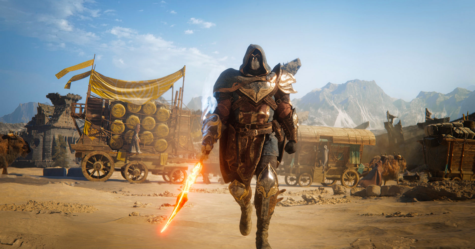 The protagonist strides towards us with a glowing sword in a desert. Atlas Fallen proves excellent gameplay in the trailer.