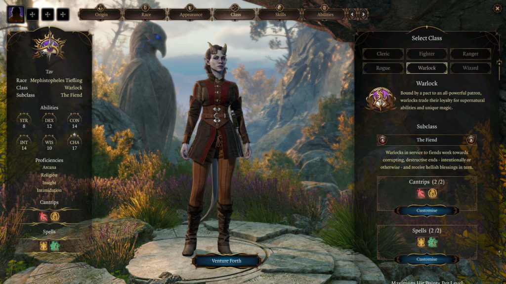 Here we see the character creation menu in Baldur's Gate III, showing a female warlock.