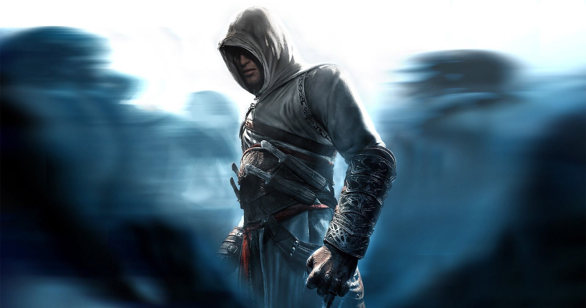 In this artwork from AC 1, we see the assassin in the center in a white robe, standing in front of a cold blurry crowd.