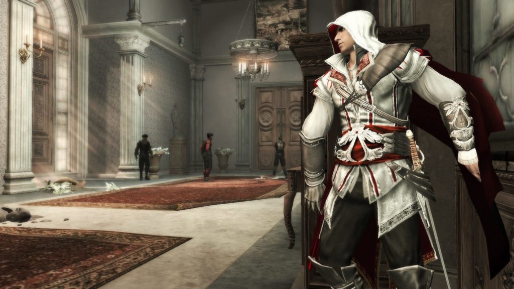 Our list shows whether AC2 is the best Assassin's Creed game. Here the protagonist hides behind a column in a hall.