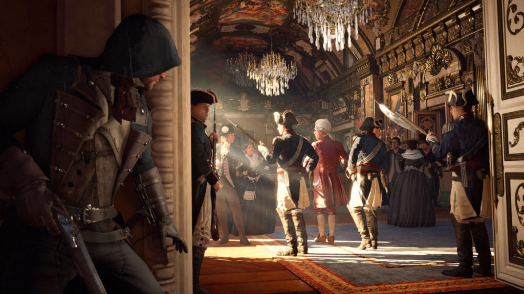 The protagonist hides behind a corner in front of a magnificent hall. The title is able to be the Best Assassin's Creed game.